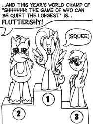 Size: 531x706 | Tagged: safe, artist:samueleallen, character:big mcintosh, character:derpy hooves, character:fluttershy, species:earth pony, species:pony, lineart, male, monochrome, podium, stallion, world champ