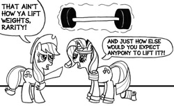Size: 720x441 | Tagged: safe, artist:samueleallen, character:applejack, character:rarity, exercise, lineart, monochrome, weights