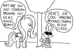 Size: 695x456 | Tagged: safe, artist:samueleallen, character:angel bunny, character:fluttershy, charles m schulz, joe cool, lineart, monochrome, peanuts, style emulation, sunglasses