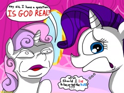 Size: 2400x1800 | Tagged: safe, artist:train wreck, character:rarity, character:sweetie belle, atheism, comic, dilemma, drama bait, faec, god, god is dead, lies, op is a duck, op is trying to start shit, op started shit, religion, truth