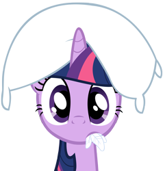 Size: 3364x3538 | Tagged: safe, artist:dentist73548, character:twilight sparkle, species:pony, species:unicorn, episode:look before you sleep, g4, my little pony: friendship is magic, cute, feather, female, frown, high res, looking at you, mare, mouth hold, pillow, pillow hat, simple background, solo, surprised, transparent background, vector, wide eyes