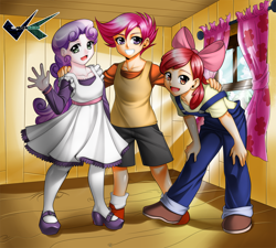 Size: 1000x900 | Tagged: safe, artist:jadenkaiba, character:apple bloom, character:scootaloo, character:sweetie belle, species:human, species:pegasus, species:pony, clothing, cutie mark crusaders, dress, female, humanized, mary janes, overalls