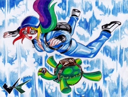 Size: 700x536 | Tagged: safe, artist:jadenkaiba, character:rainbow dash, character:tank, species:human, clothing, falling, female, fingerless gloves, gloves, goggles, humanized, parachute, skydiving