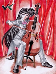 Size: 531x700 | Tagged: safe, artist:jadenkaiba, character:octavia melody, species:human, cello, clothing, female, humanized, music, musical instrument, playing instrument, sitting, solo, traditional art