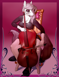 Size: 1250x1625 | Tagged: safe, artist:nivrozs, character:octavia melody, species:anthro, big breasts, breast squeeze, breasts, busty octavia, cello, cleavage, clothing, dia de los muertos, dress, female, makeup, musical instrument, solo
