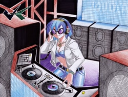 Size: 700x536 | Tagged: safe, artist:jadenkaiba, character:dj pon-3, character:vinyl scratch, species:human, breasts, clothing, commission, female, headphones, humanized, music, record, solo, sunglasses, traditional art, turntable