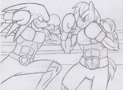 Size: 1652x1211 | Tagged: safe, artist:sonigoku, character:big mcintosh, species:anthro, boxing, boxing gloves, crossover, knuckles the echidna, muscles, sonic the hedgehog (series), traditional art
