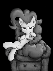 Size: 702x950 | Tagged: safe, artist:gezawatt, character:gummy, character:pinkie pie, armchair, black and white, grayscale, mafia, monochrome, sitting, smiling, wip