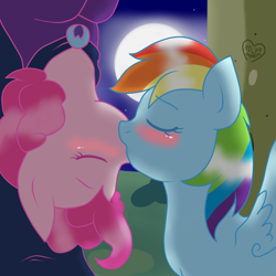 Size: 2000x2000 | Tagged: safe, artist:stockingstreams, character:mare do well, character:pinkie pie, character:rainbow dash, ship:pinkiedash, blushing, clothing, costume, eyes closed, female, kissing, lesbian, moon, night, scene interpretation, shipping, spider-man, upside down, upside down kiss