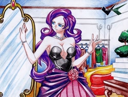 Size: 700x532 | Tagged: safe, artist:jadenkaiba, character:rarity, species:human, beautiful, breasts, busty rarity, cleavage, clothing, dress, female, humanized, mirror, solo