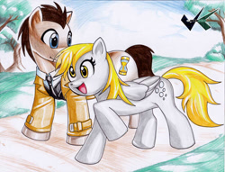 Size: 700x534 | Tagged: safe, artist:jadenkaiba, character:derpy hooves, character:doctor whooves, character:time turner, species:pegasus, species:pony, ship:doctorderpy, female, male, mare, shipping, straight, traditional art