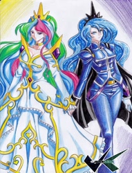 Size: 536x700 | Tagged: safe, artist:jadenkaiba, character:princess celestia, character:princess luna, species:human, breasts, clothing, duo, duo female, female, humanized, sisters