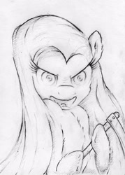 Size: 1545x2160 | Tagged: safe, artist:gezawatt, character:pinkamena diane pie, character:pinkie pie, species:pony, angry, creepy, female, looking at you, monochrome, pencil drawing, scythe, semi-realistic, sketch, solo, traditional art