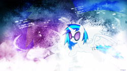 Size: 3840x2160 | Tagged: safe, artist:romus91, character:dj pon-3, character:vinyl scratch, species:alicorn, species:pony, cutie mark, female, flying, glasses, hooves, horn, mare, smiling, solo, spread wings, sunglasses, teeth, vector, wallpaper, wings