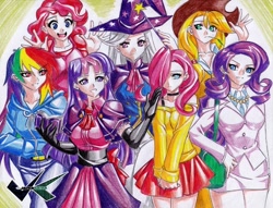 Size: 700x535 | Tagged: safe, artist:jadenkaiba, character:applejack, character:fluttershy, character:pinkie pie, character:rainbow dash, character:rarity, character:trixie, character:twilight sparkle, species:human, bra strap, clothing, dress, evening gloves, female, hat, humanized, mane six, skirt
