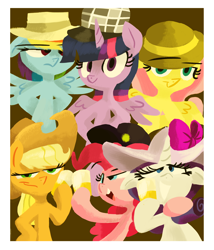 Size: 1920x2240 | Tagged: safe, artist:talonsofwater, character:applejack, character:fluttershy, character:pinkie pie, character:rainbow dash, character:rarity, character:twilight sparkle, character:twilight sparkle (alicorn), species:alicorn, species:pony, alcohol, beer, cheers, clothing, female, hat, mane six, mare
