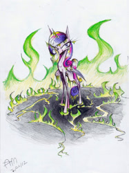 Size: 974x1299 | Tagged: dead source, safe, artist:yuji8sushi, character:princess cadance, character:queen chrysalis, species:changeling, disguise, disguised changeling, fake cadance, female, fire, grin, signature, solo, standing, traditional art