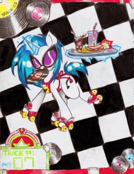 Size: 2516x3263 | Tagged: dead source, safe, artist:yuji8sushi, character:dj pon-3, character:vinyl scratch, species:pony, species:unicorn, food, glowing horn, high res, magic, record, roller skates, telekinesis, tray, waitress