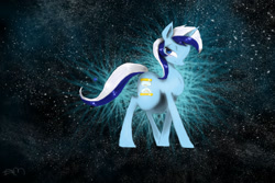 Size: 1800x1200 | Tagged: dead source, safe, artist:yuji8sushi, character:minuette, species:pony, species:unicorn, chest fluff, female, galaxy, lidded eyes, looking at you, mare, pony bigger than a galaxy, smiling, smirk, solo, space, stars