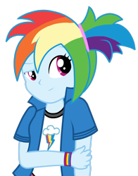Size: 1100x1400 | Tagged: safe, artist:stockingstreams, character:rainbow dash, my little pony:equestria girls, alternate hairstyle, female, holding arms, looking at you, messy hair, ponytail, raised eyebrow, simple background, smiling, solo, transparent background, twilightspet, vector