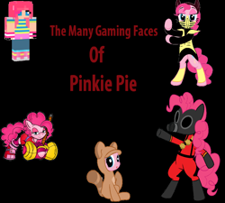 Size: 1138x1026 | Tagged: safe, alternate version, artist:embertwist, artist:flam3zero, artist:frostenstein, character:pinkie pie, amy rose, bedroom eyes, black background, copy and paste, cosplay, crossover, looking back, many gaming faces, minecart skin, minecraft, mortal kombat, power-up, pyro, pyropinkie, scorpion (mortal kombat), simple background, sonic boom, sonic the hedgehog (series), super mario bros., super mario bros. 3, tanooki pie, tanooki suit, team fortress 2, vroom vroom