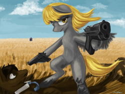 Size: 1024x768 | Tagged: safe, artist:chickhawk96, character:derpy hooves, character:doctor whooves, character:time turner, species:pegasus, species:pony, doctor who, dual wield, female, gun, handgun, let's kill hitler, m1911, mare, pistol, river song, tardis