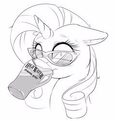 Size: 2787x2925 | Tagged: safe, artist:vicse, character:rarity, alcohol, beer, drinking, female, glasses, looking at you, messy mane, monochrome, solo