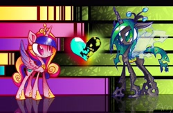 Size: 5040x3285 | Tagged: dead source, safe, artist:yuji8sushi, character:princess cadance, character:queen chrysalis, species:alicorn, species:changeling, species:pony, abstract background, changeling queen, female, heart, reflection