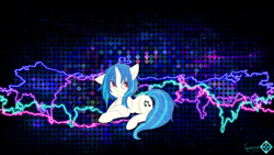 Size: 2732x1536 | Tagged: safe, artist:jamesg2498, artist:shelmo69, artist:sorenbrian, character:dj pon-3, character:vinyl scratch, species:pony, species:unicorn, abstract background, cutie mark, electricity, female, hooves, horn, lying down, mare, red eyes, smiling, solo, vector, wallpaper, watermark