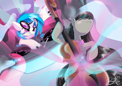 Size: 1052x744 | Tagged: safe, artist:dawnallies, character:dj pon-3, character:octavia melody, character:vinyl scratch, cello, musical instrument, speakers, turntable