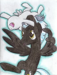 Size: 610x807 | Tagged: safe, artist:islamilenaria, character:rumble, character:thunderlane, species:pegasus, species:pony, brothers, colt, cute, flying, male, playing, rumblebetes, simple background, stallion, traditional art, white background
