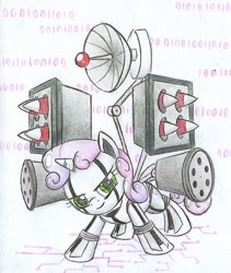Size: 757x897 | Tagged: safe, artist:islamilenaria, character:sweetie belle, species:pony, species:unicorn, friendship is witchcraft, sweetie bot, binary, female, filly, foal, gun, hooves, horn, radar, robot, rocket launcher, smiling, solo, traditional art, weapon