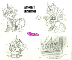 Size: 1052x877 | Tagged: safe, artist:mr-samson, oc, oc only, oc:amora, parent:queen chrysalis, parent:shining armor, parents:shining chrysalis, species:changeling, clothing, hybrid, interspecies offspring, offspring, scarf, sketch, snow, snowfall, solo, window