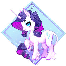 Size: 1200x1200 | Tagged: safe, artist:costly, character:rarity, species:classical unicorn, species:pony, species:unicorn, abstract background, chest fluff, colored hooves, cute, female, leg fluff, leonine tail, mare, profile, raribetes, solo, unshorn fetlocks