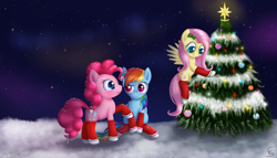 Size: 2620x1500 | Tagged: safe, artist:divlight, character:fluttershy, character:pinkie pie, character:rainbow dash, candy cane, christmas tree, clothing, socks, tree