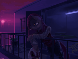 Size: 1024x768 | Tagged: safe, artist:chickhawk96, character:pinkamena diane pie, character:pinkie pie, cigarette, clothing, crossover, dark, female, hotline miami, jacket, jeans, mask, sad, semi-anthro, smoking, solo