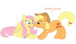 Size: 1374x804 | Tagged: safe, artist:selective-yellow, character:applejack, character:fluttershy, ship:appleshy, blushing, female, lesbian, shipping