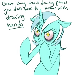 Size: 800x766 | Tagged: safe, artist:peachylune, artist:zaphy1415926, character:lyra heartstrings, bloodshot eyes, hand, lyra is not amused, meta