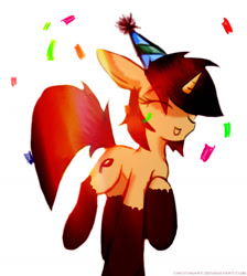 Size: 1280x1430 | Tagged: safe, artist:crutonart, oc, oc only, oc:rho, species:pony, species:unicorn, clothing, confetti, cute, eyes closed, female, floppy ears, happy, happy birthday, hat, open mouth, party hat, signature, simple background, sketch, smiling, solo, white background