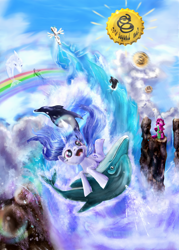 Size: 1500x2100 | Tagged: safe, artist:miradge, character:berry punch, character:berryshine, character:sea swirl, character:white lightning, species:pegasus, species:pony, dolphin, female, mare, wat