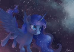 Size: 3508x2480 | Tagged: safe, artist:katyand, artist:sewingintherain, character:princess luna, species:alicorn, species:pony, featured on derpibooru, female, flying, mare, missing accessory, night sky, sky, smiling, solo, spread wings, wings