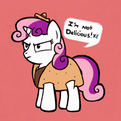 Size: 900x900 | Tagged: safe, artist:sheandog, character:sweetie belle, blatant lies, clothing, costume, cute, denial, diasweetes, female, i'm not cute, pony as food, solo, taco, taco belle, taco suit