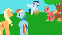 Size: 1024x585 | Tagged: safe, artist:allonsbro, character:applejack, character:big mcintosh, character:rainbow dash, character:soarin', species:earth pony, species:pony, ship:rainbowmac, ship:soarinjack, alternate hairstyle, beard, facial hair, future, hatless, implied braeshy, male, married, missing accessory, pregnant, shipping, stallion, story included, straight