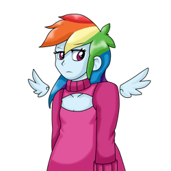 Size: 1000x1000 | Tagged: safe, artist:stockingstreams, character:rainbow dash, my little pony:equestria girls, breasts, clothing, delicious flat chest, female, floating wings, frown, keyhole turtleneck, open-chest sweater, solo, sweater, turtleneck, unamused, wings