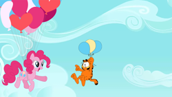 Size: 1280x720 | Tagged: safe, artist:flutterflyraptor, character:pinkie pie, balloon, garfield, then watch her balloons lift her up to the sky