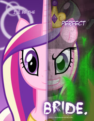 Size: 600x773 | Tagged: safe, artist:tehjadeh, character:princess cadance, character:queen chrysalis, species:changeling, burning, disguise, disguised changeling, fake cadance, poster, two sided posters