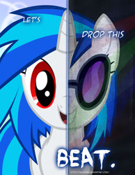 Size: 600x773 | Tagged: safe, artist:tehjadeh, character:dj pon-3, character:vinyl scratch, species:pony, species:unicorn, female, grin, mare, poster, red eyes, smiling, two sided posters