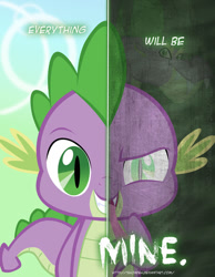 Size: 600x773 | Tagged: safe, artist:tehjadeh, character:spike, species:dragon, greed, male, mine!, poster, two sided posters