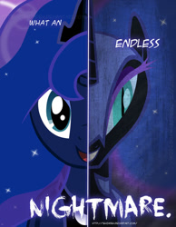 Size: 600x773 | Tagged: safe, artist:tehjadeh, character:nightmare moon, character:princess luna, species:alicorn, species:pony, female, mare, multiple heads, poster, slit eyes, two heads, two sided posters