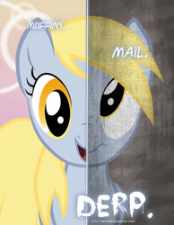 Size: 600x773 | Tagged: safe, artist:tehjadeh, character:derpy hooves, species:pegasus, species:pony, :t, derp, female, food, mail, muffin, nose wrinkle, open mouth, poster, scrunchy face, smiling, solo, two sided posters